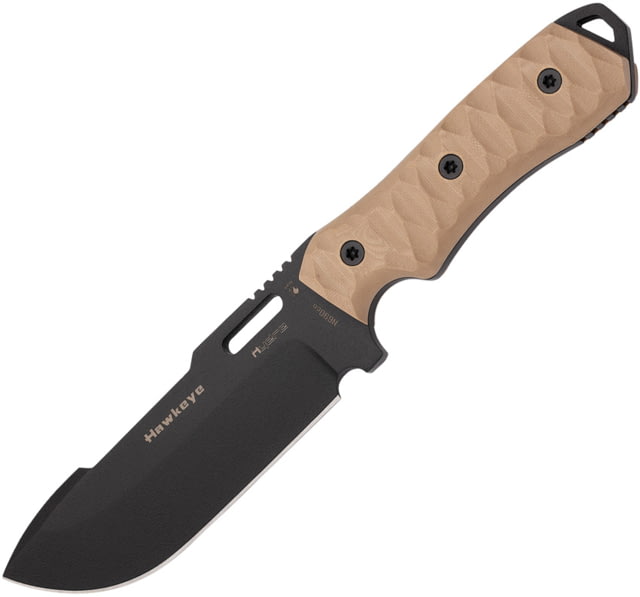 Hydra Knives Hawkeye Fixed Blade Knife 10.63in Overall 5.5in Black Powder Bohler N690 SS Blade Tan Sculpted G10 Handle Black Kydex Belt Sheath - Hydra Knives