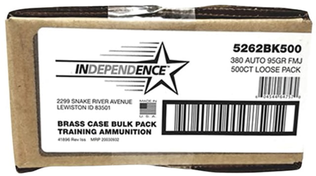 ependence Independence .380 Auto 95 Grain Full Metal Jacket Brass Cased Centerfire Pistol 500 Rounds Ammo