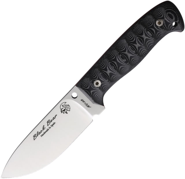 J&V Adventure Knives Black Bear Fixed Blade Knife 9in Overall 4.25in Satin MV-58 Stainless Steel Blade Black Sculpted Micarta Handle Black Leather - J&V Adventure Knives