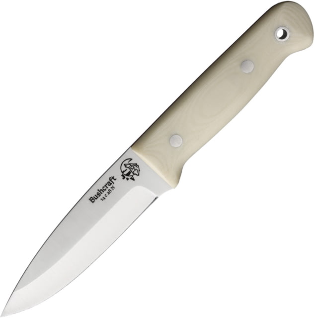 J&V Adventure Knives Bushcraft 12C27 Sandvik Fixed Blade Knife 8.63in Overall 4.38in Satin 12C27 Sandvik SS Blade White Smooth Micarta Handle Leather - J&V Adventure Knives