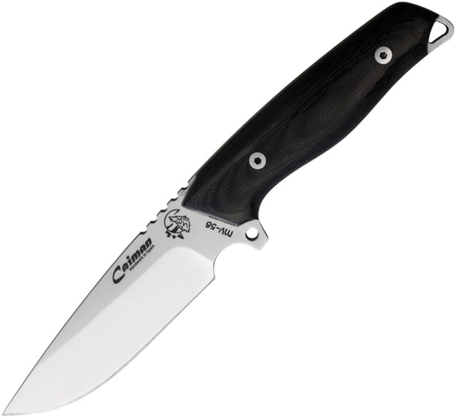 J&V Adventure Knives Caiman Fixed Blade Knife 9.63in Overall 4.75in Satin MV-58 Stainless Steel Blade Black TRF Handle Black Leather Belt Sheath - J&V Adventure Knives