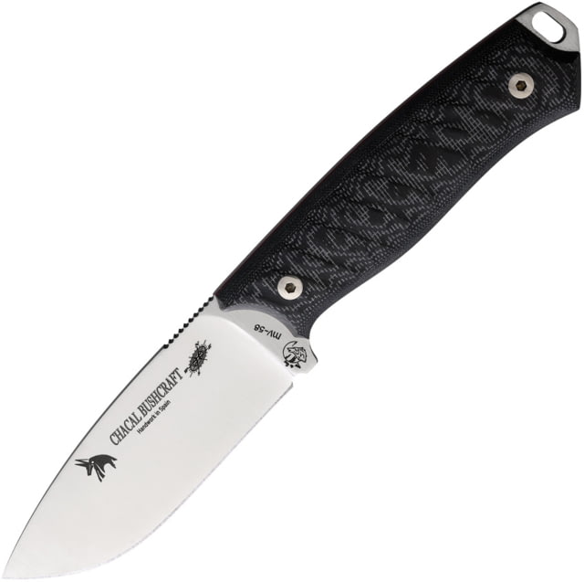 J&V Adventure Knives Chacal Bushcraft Knife 8.63in Overall 4.13in Satin MV-58 Stainless Steel Blade Black Sculpted Micarta Handle Black Leather Belt - J&V Adventure Knives
