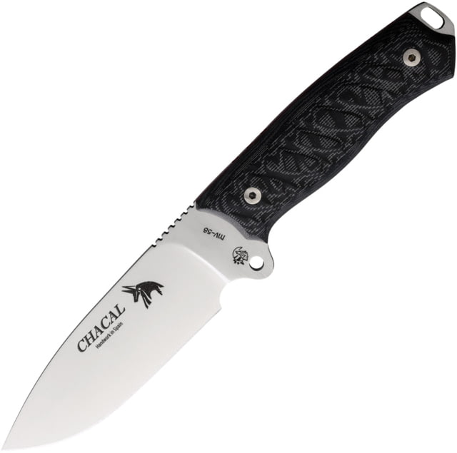J&V Adventure Knives Chacal Funda Fixed Blade Knife 9.88in Overall 5in Satin MV-58 Stainless Steel Blade Black Micarta Handle Black Leather Belt - J&V Adventure Knives