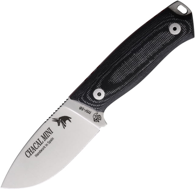 J&V Adventure Knives Chacal Mini Fixed Blade Knife 6.5in Overall 3in Satin MV-58 Stainless Steel Blade Black Micarta Handle Black Leather Belt Sheath - J&V Adventure Knives