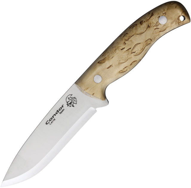 J&V Adventure Knives Condor Fixed Blade Knife 8.88in Overall 4.5in Satin Scandi Grind 1.4116 Stainless Drop Point Blade Curly Birch Handle Brown - J&V Adventure Knives