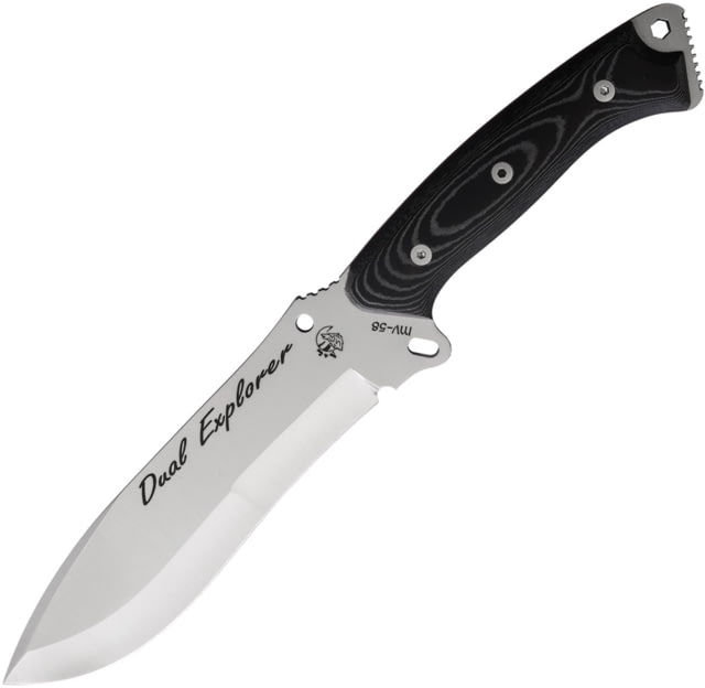 J&V Adventure Knives Dual Explorer Fixed Blade Knife 12.25in Overall 6.88in Satin MV-58 Stainless Steel Blade Black Micarta Handle Black Leather Belt - J&V Adventure Knives
