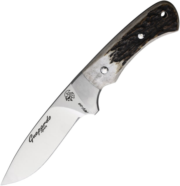 J&V Adventure Knives Gueppardo Fixed Blade Knife 8.75in Overall 4in Satin MV-58 Stainless Steel Blade Deer Stag Handle Brown Leather Belt Sheath - J&V Adventure Knives