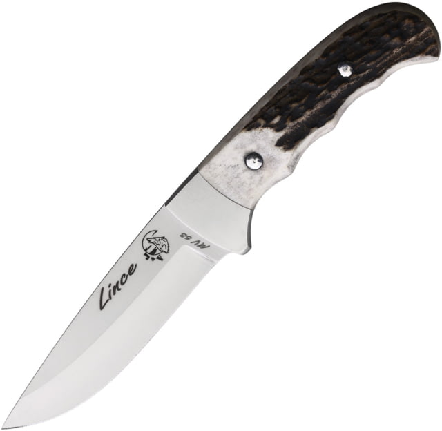 J&V Adventure Knives Lince Fixed Blade Knife 8.63in Overall 4.13in Satin MV-58 Stainless Steel Blade Finger Grooved Deer Stag Handle Brown Leather - J&V Adventure Knives