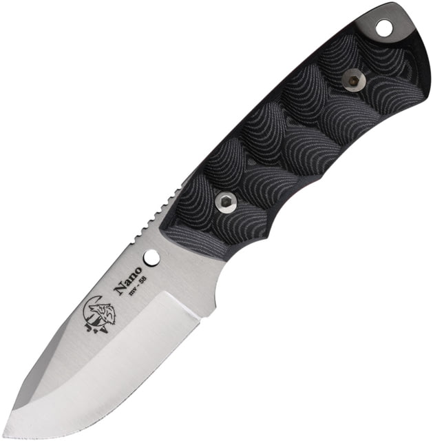 J&V Adventure Knives Nano 2.0 Fixed Blade Knife 6.5in Overall 3in Satin MV-58 Stainless Steel Blade Black Sculpted Micarta Handle Black Leather Belt - J&V Adventure Knives
