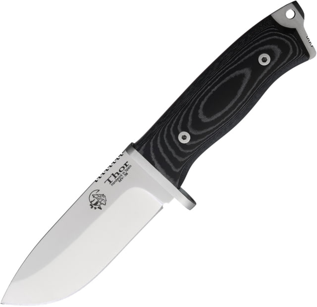J&V Adventure Knives Thor Fixed Blade Knife 9.63in Overall 4.75in Satin MV-58 Stainless Steel Blade Black Micarta Handle Black Leather Belt Sheath - J&V Adventure Knives