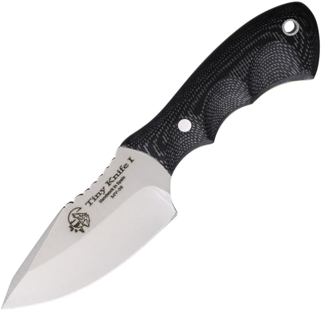 J&V Adventure Knives TINY Fixed Blade Knife 5.5in Overall 2.75in Satin MV-58 Stainless Steel Blade Black TRF Handle Black Kydex Sheath - J&V Adventure Knives