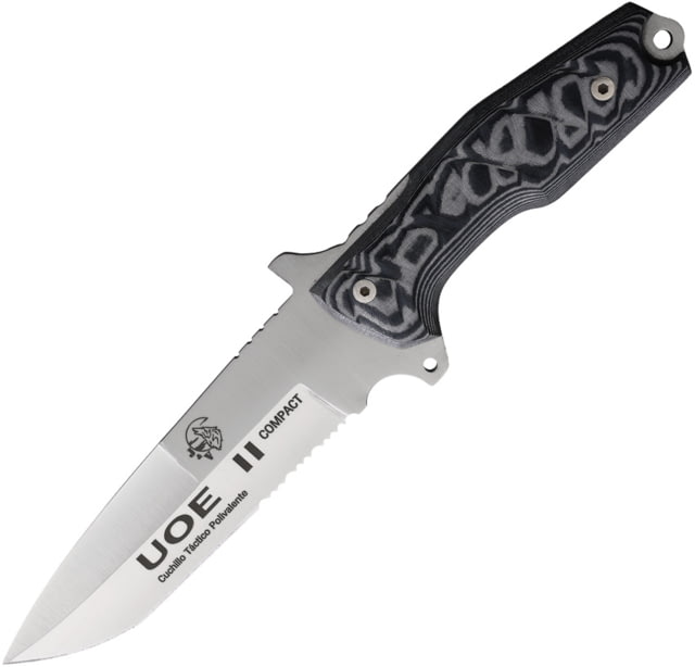 J&V Adventure Knives UOE II Compact Fixed Blade Knife 10.63in Overall 5.75in Satin Partially Serrated MV-58 SS Drop Point Blade Black Micarta Handle - J&V Adventure Knives