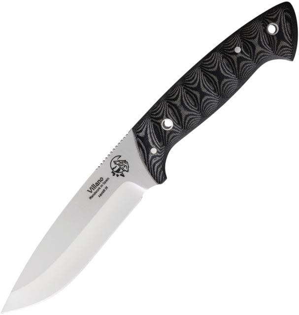 J&V Adventure Knives Villano Fixed Blade Knife 8.75in Overall 4.5in Satin 14C28N Sandvik SS Blade Black Sculpted Micarta Handle Black Leather Belt - J&V Adventure Knives