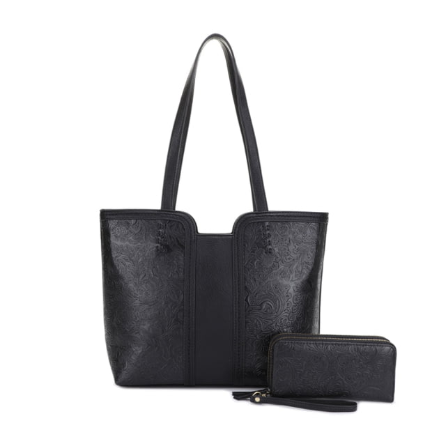 Jessie & James Cassidy Concealed Carry Tote Bag w/Tooling Matching Wallet Black BK/BK - Jessie & James