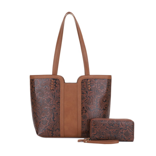 Jessie & James Cassidy Concealed Carry Tote Bag w/Tooling Matching Wallet Lt Brown  LBR/BR - Jessie & James