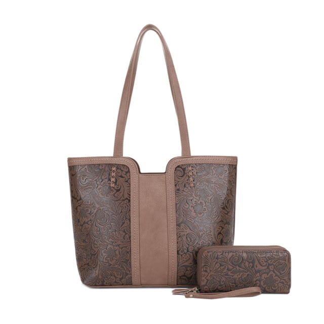 Jessie & James Cassidy Concealed Carry Tote Bag w/Tooling Matching Wallet Taupe  TP/TP - Jessie & James