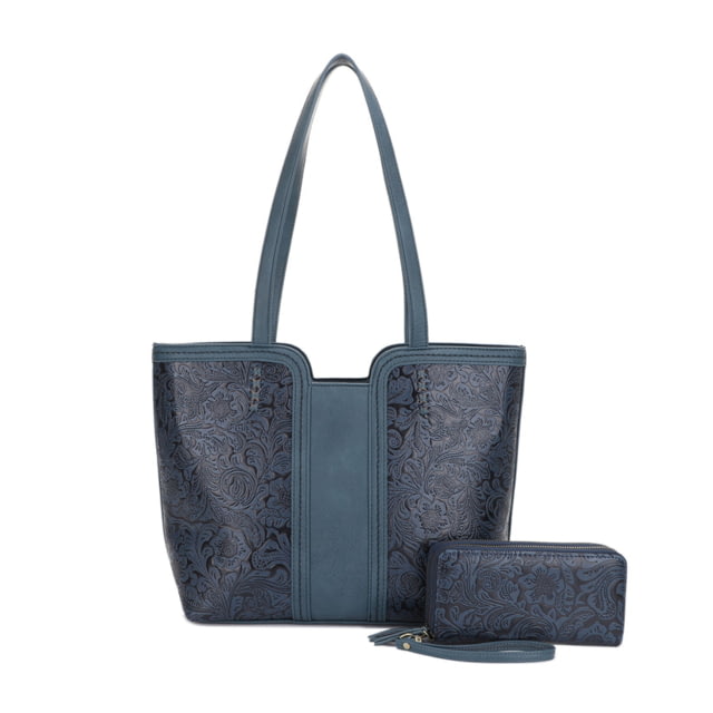 Jessie & James Cassidy Concealed Carry Tote Bag w/Tooling Matching Wallet Teal TL/TL - Jessie & James