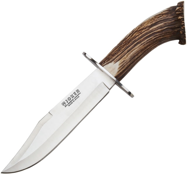 Joker Knives Bowie Fixed Blade Knife 14in Overall 7.75in Satin Vanadium Molybdenum Steel Clip Point Blade Crown Stag Handle SS Guard Brown Leather - Joker Knives