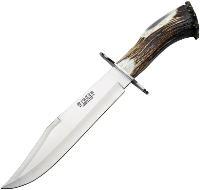 Joker Knives Bowie Fixed Blade Knife 16in Overall 9.75in Satin Vanadium Molybdenum Steel Clip Point Blade Crown Stag Handle SS Guard Brown Leather - Joker Knives