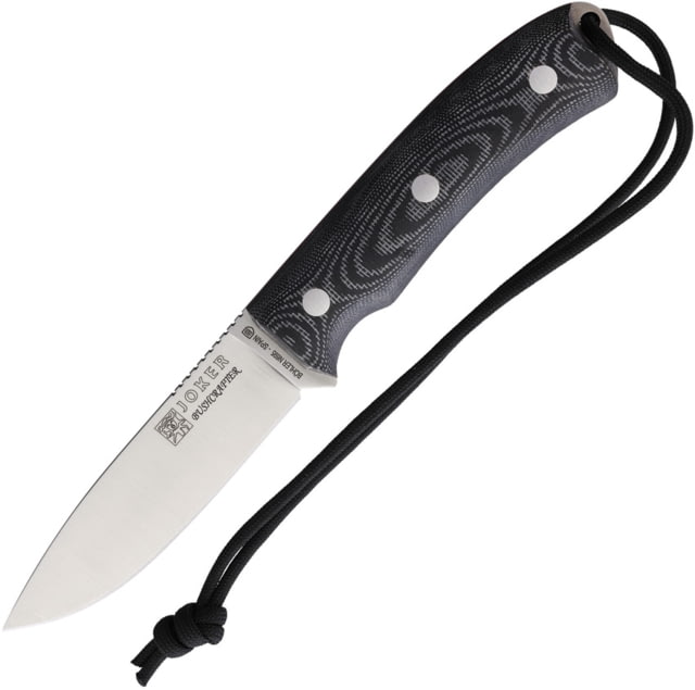 Joker Knives Bushcrafter Fixed Blade Knife 4.25" satin finish Bohler N695 stainless flat grin Black micarta handle with red liners - Joker Knives