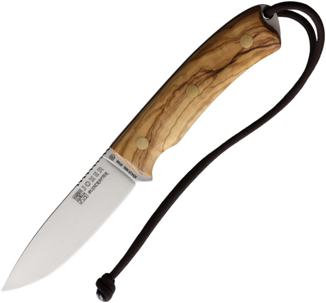 Joker Knives Bushcrafter Fixed Blade Knife 8.75in Overall 4.25in Satin Bohler N695 Blade Olive Wood Handle Leather Sheath - Joker Knives
