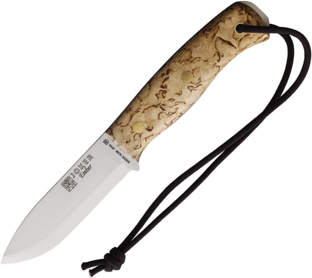 Joker Knives Ember Bushcraft Survival Knife 8.75in Overall 4in Satin 14C28N Sandvik Blade Curly Birch Handle Leather Sheath - Joker Knives