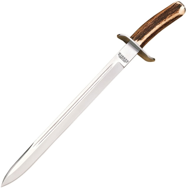 Joker Knives Fixed Blade Knife 17.88in Overall 13in Satin 1.4116 SS Blade Stag Handle SS Guard And Pommel Brown Leather Belt Sheath - Joker Knives