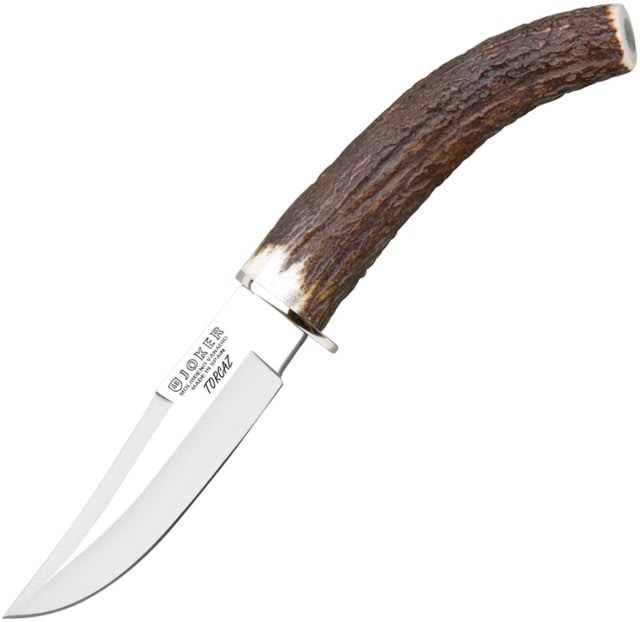 Joker Knives Fixed Blade Knife 9.5in Overall 4.25in Satin Vanadium Molybdenum Steel Blade Stag Handle SS Guard Brown Leather Belt Sheath - Joker Knives