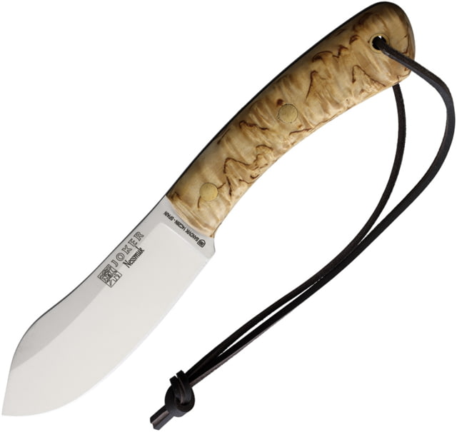 Joker Knives Nessmuk Fixed Blade Birch Knife 9in Overall 4.5in Satin 14C28N Sandvik Blade Curly Birch Handle Leather Sheath - Joker Knives