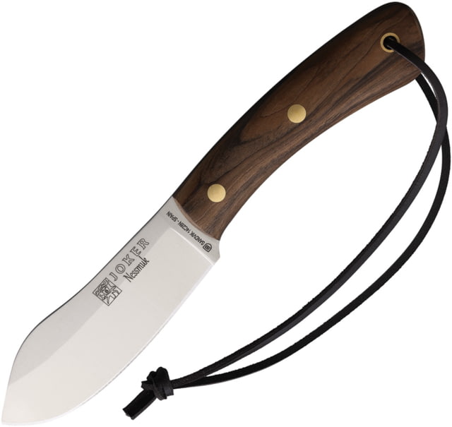 Joker Knives Nessmuk Fixed Blade Walnut Knife 9in Overall 4.5in Satin 14C28N Sandvik Blade Walnut Handle Leather Sheath - Joker Knives