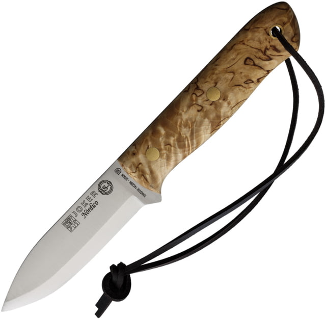 Joker Knives Nordico Fixed Blade Birch Knife 8.75in Overall 4in Satin 14C28N Sandvik Blade Curly Birch Handle Leather Sheath - Joker Knives