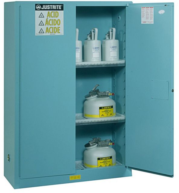 Justrite Corrosives/Acids Safety Cabinet 45 Gallon 1 Bi-Fold Self-Close Door Blue