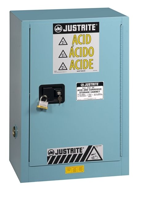 Justrite Compac Corrosives/Acids Safety Cabinet 12 Gallon. 1 Self-Close Door Blue