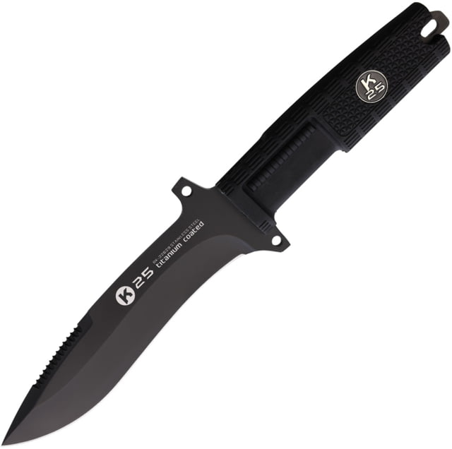 K25 Tactical Fixed Blade Knife 11.5in Overall 6.5in Black Titanium Coated Sawback Stainless Steel Blade Black Rubber Handle Black Nylon Belt Sheath - K25