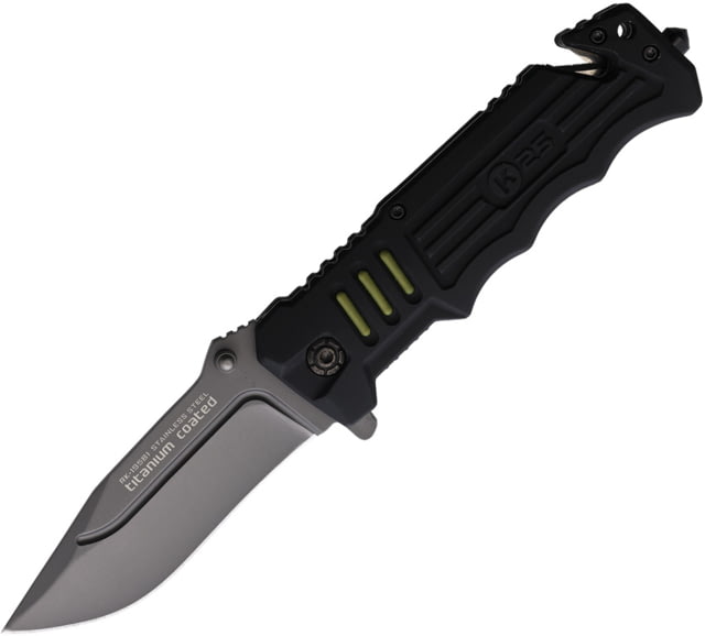 K25 Tactical Folding Knife 4.75in Closed 3.5in Gray Titanium Coated Stainless Drop Point Blade Black Rubberized Synthetic Handle Nylon Belt Sheath - K25