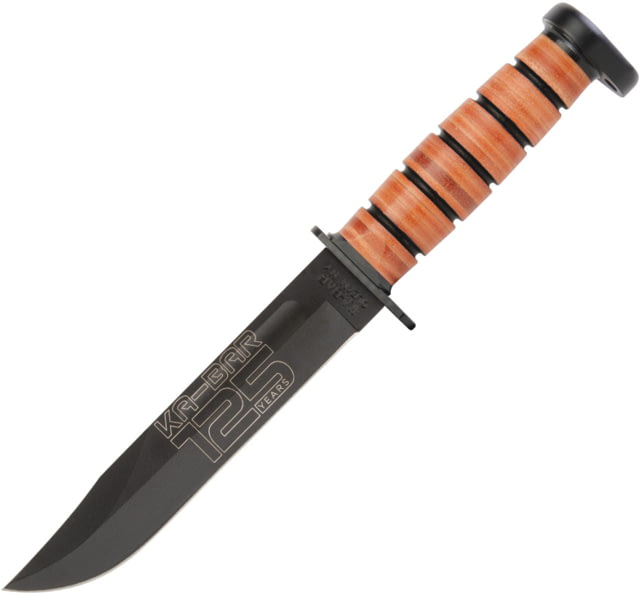 KA-BAR Knives 125th Anniversary Dogs Head Knife 11.88in Overall 7in Black oxide Coated 1095 Cro-Van Carbon Steel Clip Point Blade Stacked Leather