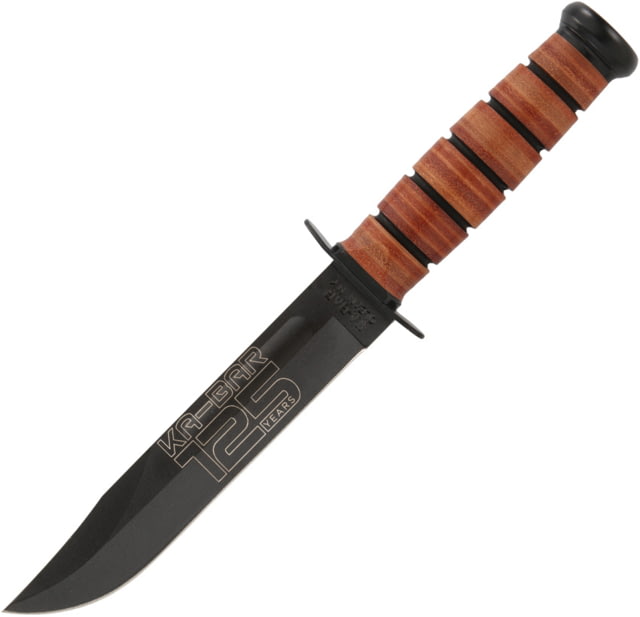 KA-BAR Knives 125th Anniversary USMC Knife 11.88in Overall 7in Black oxide Coated 1095 Cro-Van Carbon Steel Clip Point Blade Stacked Leather Handle