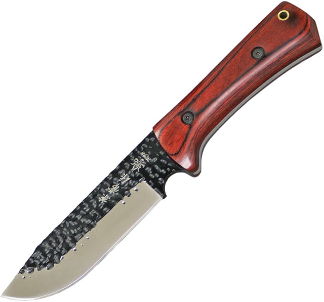 Kanetsune Enyou Tou Fixed Blade Knife 10.5in Overall 5.5in Hammer Mark Acid Etched AUS-8 Stainless Steel Blade Brown Wood Handle Brown Leather Belt - Kanetsune
