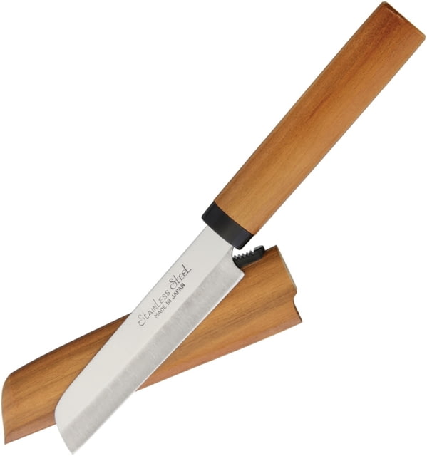 Kanetsune Fruit Knife ST-100 Kama-gata Kitchen Knives 7.38in Overall 3.38in 420J2 SS Blade Wild Cherry Wooden Handle And Sheath With Black Thumb Notch - Kanetsune