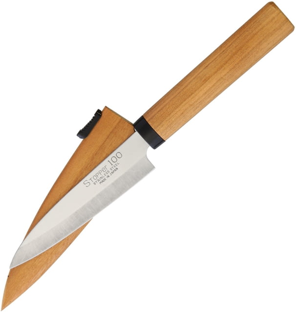 Kanetsune Fruit Knife ST-100 Kitchen Knives 7.63in Overall 3.63in 420J2 SS Blade Wild Cherry Wooden Handle And Sheath With Black Thumb Notch - Kanetsune