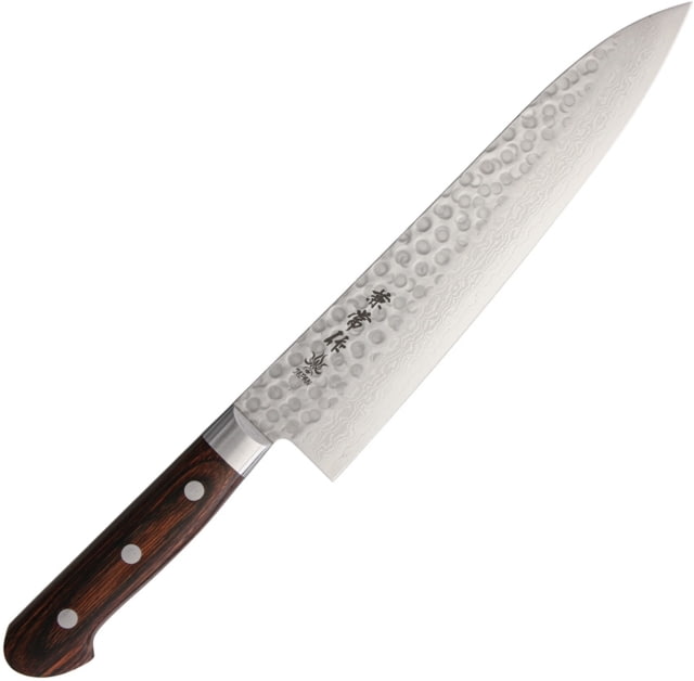 Kanetsune Gyutou Chef Knife Kitchen Knives 13.25in Overall 8.5in Hammered Finish Vg-10 Damascus Steel Blade Brown Laminated Wood Handle SS Guard Full - Kanetsune