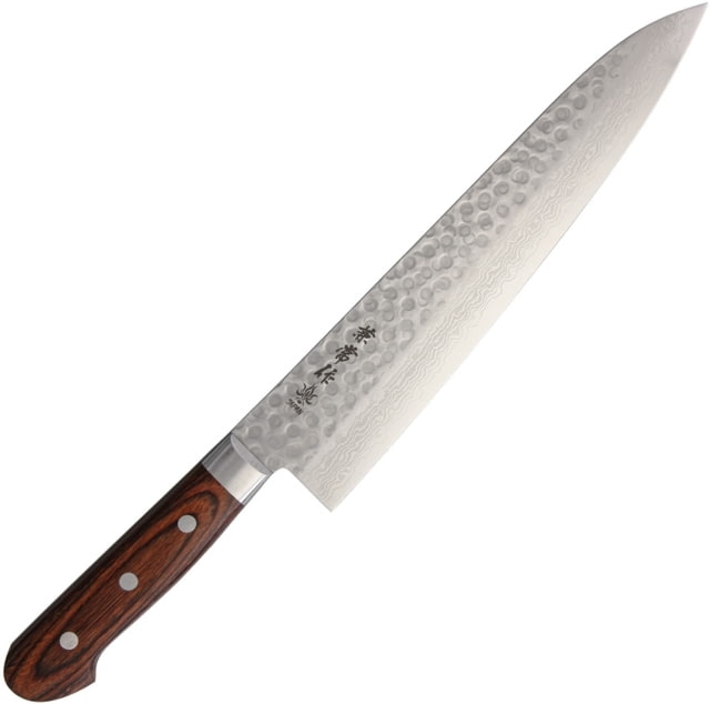 Kanetsune Gyutou Chefs Kitchen Knives 14.75in Overall 9.75in Hammered Finish Vg-10 Damascus Steel Blade Brown Laminated Wood Handle SS Guard Full Tang - Kanetsune