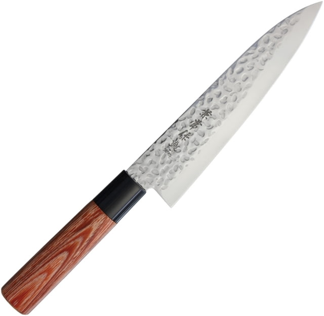 Kanetsune Gyutou Knife 180mm Kitchen Knives 12in Overall 7in Hammered Finish Dsr-1K6 Hc SS Blade Wood Handle Plastic Guard - Kanetsune