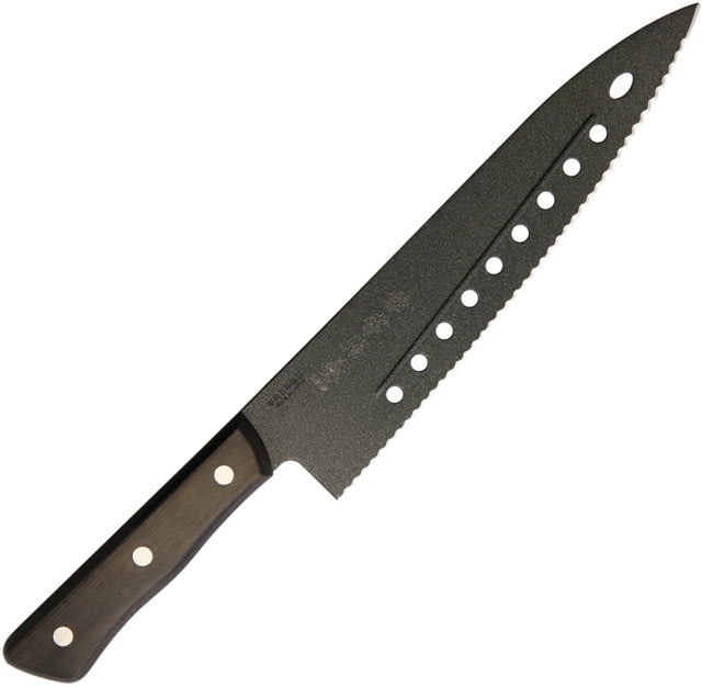 Kanetsune Gyutou Serrated Knife 8" black coated serrated stainless blade Brown wood handle - Kanetsune