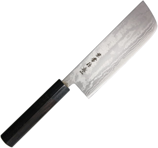 Kanetsune Nakiri Kitchen Knives 12in Overall 7in Blade Red Sandalwood Handle Blade Features Blue Steel #2 Core With 11 Layer Damascus Black Plywood - Kanetsune