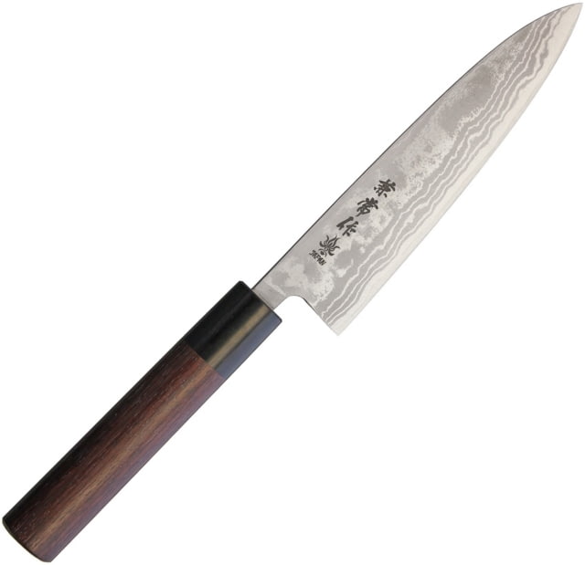Kanetsune Petty Kitchen Knives 10.5in Overall 5.5in Blade Red Sandalwood Handle Blade Features Blue Steel #2 Core With 11 Layer Damascus Black Plywood - Kanetsune