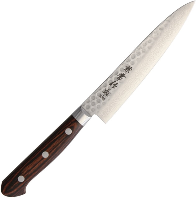 Kanetsune Petty Slicing Kitchen Knives 9.75in Overall 5.5in Hammered Finish Vg-10 Damascus Steel Blade Brown Laminated Wood Handle SS Guard Full Tang - Kanetsune