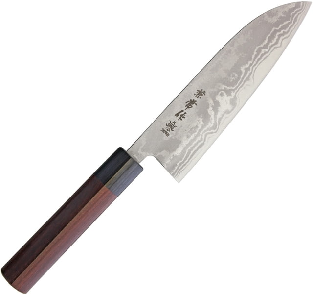 Kanetsune Santoku Kitchen Knives 12in Overall 6.5in Blade Red Sandalwood Handle Blade Features Blue Steel #2 Core With 11 Layer Damascus Black Plywood - Kanetsune