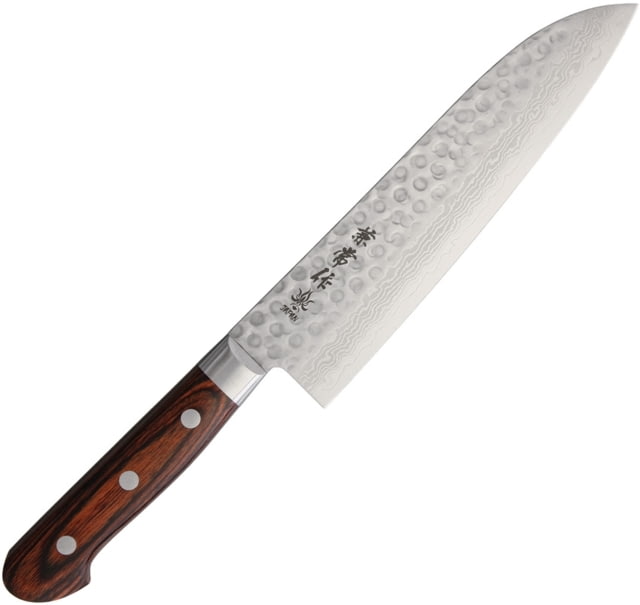 Kanetsune Santoku Kitchen Knives 12in Overall 7.5in Hammered Finish Vg-10 Damascus Steel Blade Brown Laminated Wood Handle SS Guard Full Tang brown - Kanetsune