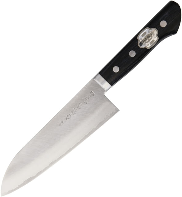 Kanetsune Santoku Kitchen Knives Meisho Series 11.25in Overall 6.38in Vg-10 SS Blade Black Smooth Wood Handle SS Bolster Sanmai 3 Layer Construction - Kanetsune
